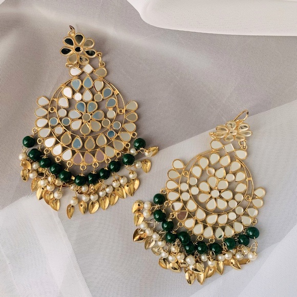 Jewelry Set Earrings Tika Headpiece Indian Bollywood Mirror Work Kundan Bead - Picture 6 of 8